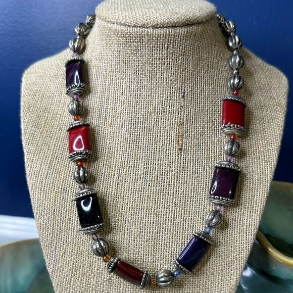 Multi Color Glass Statement Necklace Silver Tone - Picture 1 of 4